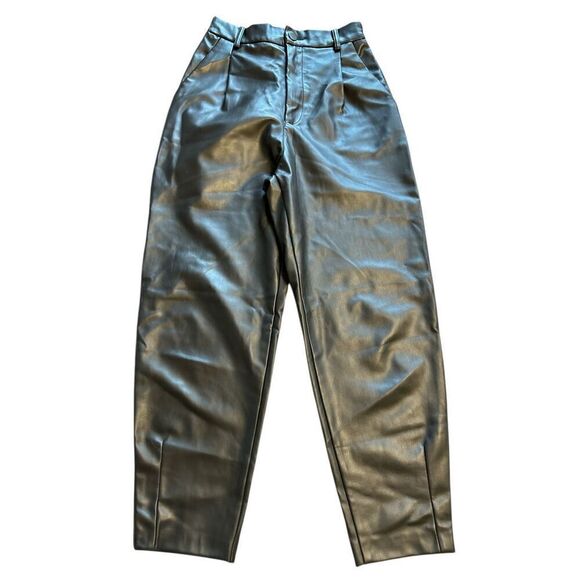 Zara Womens High Rise Faux Leather Ankle Pants Size XSmall Black Tapered Pleated - Picture 1 of 10
